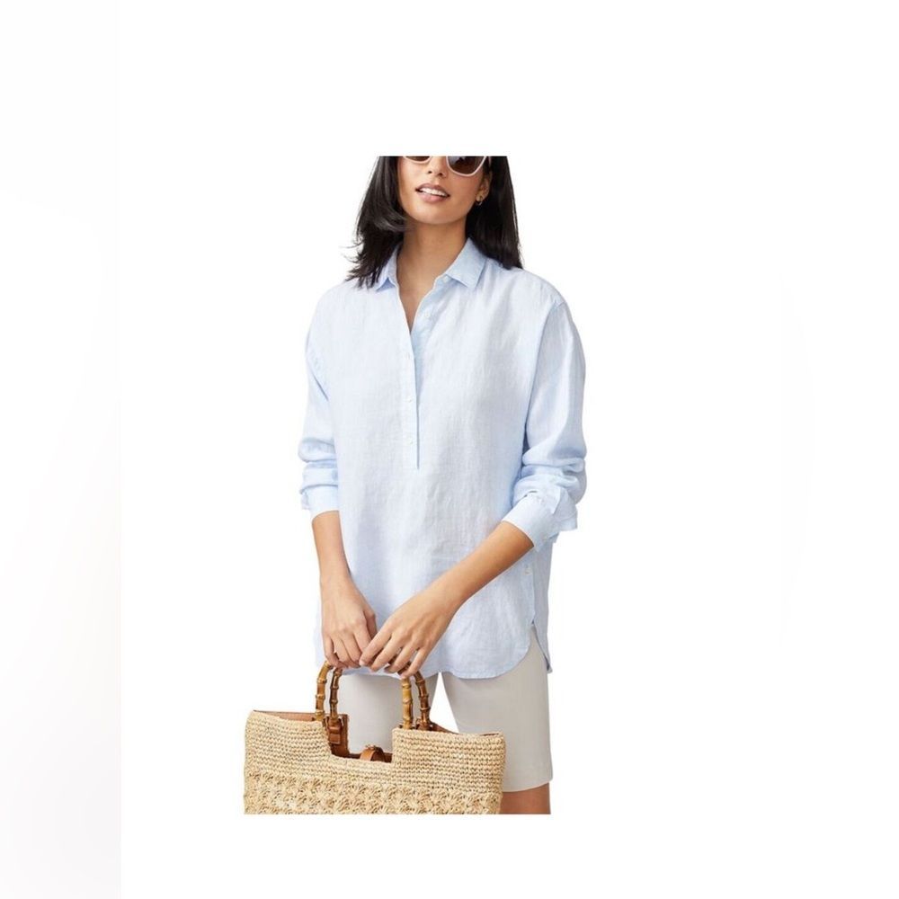 J Mclaughlin Linen Long Sleeve Button Down Top Small Sky Blue Nwt